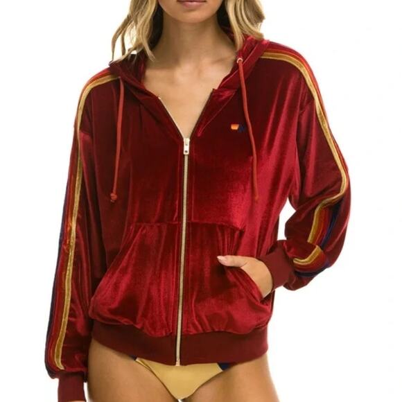 (XL) Aviator Nation Classic Velvet Zip Rainbow Stripe Sleeve Hoodie in Wine - Picture 2 of 6
